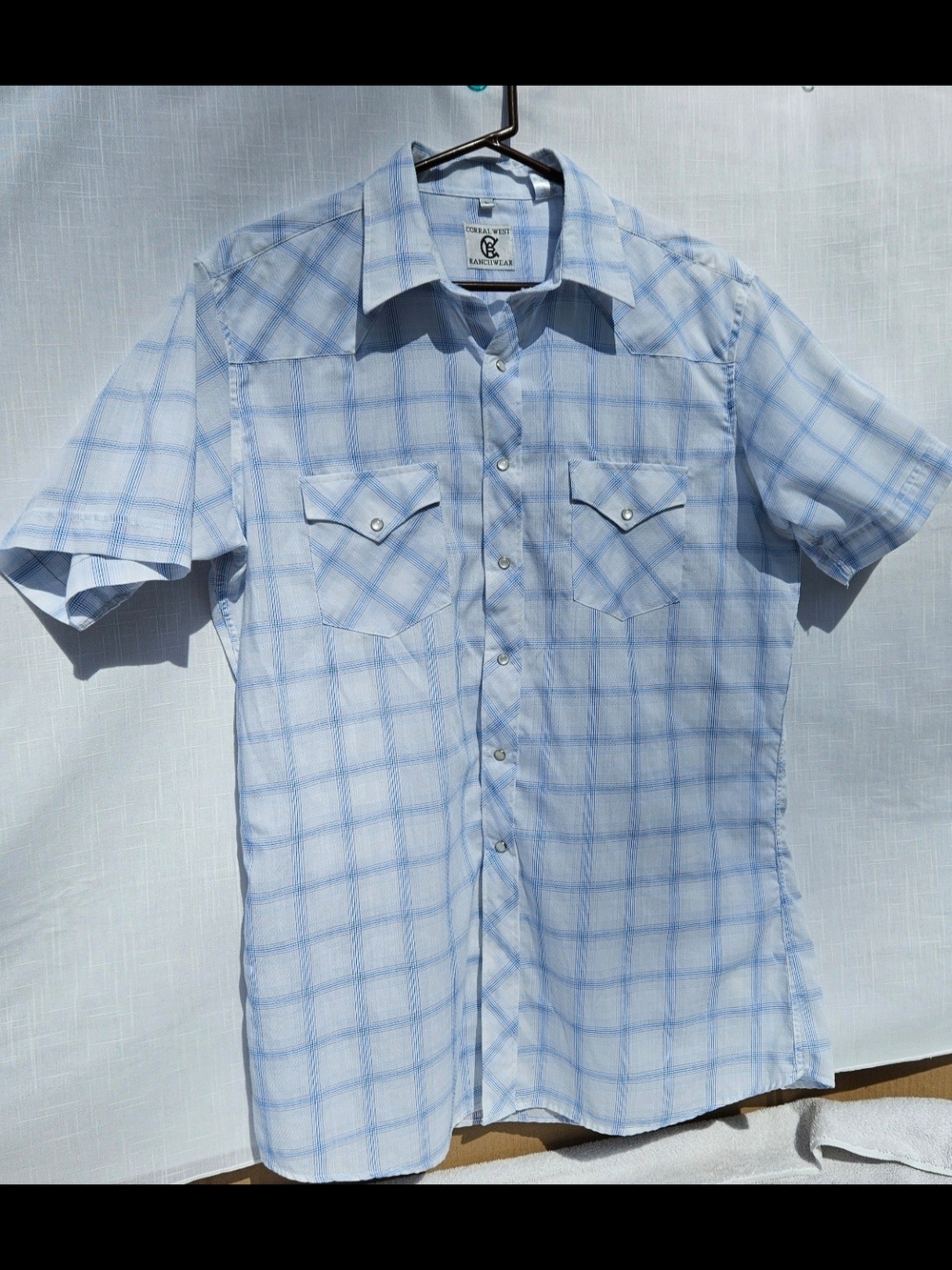 Corral West Ranch Wear Light Blue Windowpane Plaid Short Sleeve Shirt Sz L